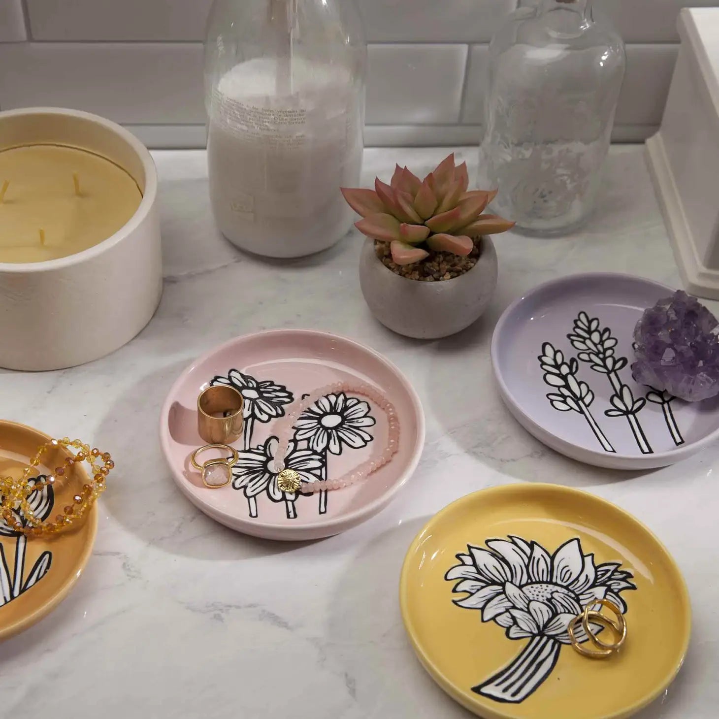 A Lavender Coaster resting on a table, adorned with a vibrant lavender pattern.