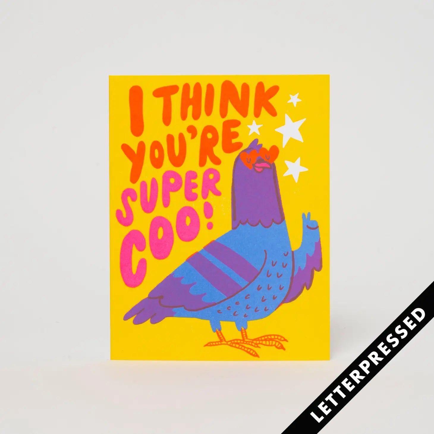Image of the 'Super Coo Pigeon Card', showcasing its whimsical pigeon design and the lighthearted 'Super Coo' message.
