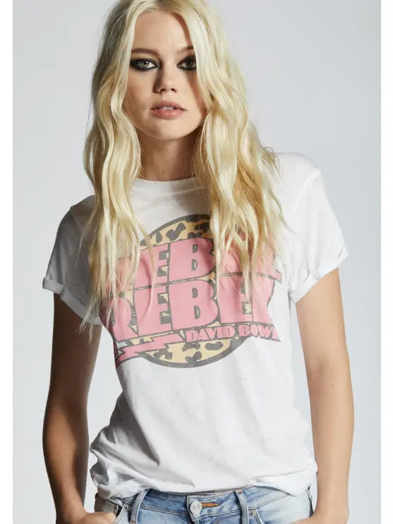 David Bowie "Rebel Rebel" Faded Tee - Vintage-inspired design with a faded look. Perfect for Bowie enthusiasts. Elevate your style with this homage to the iconic anthem.