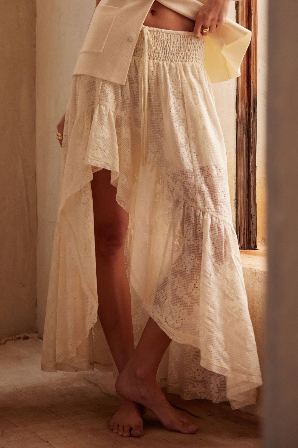 Floral Lace High-Low Ruffled Maxi Skirt
