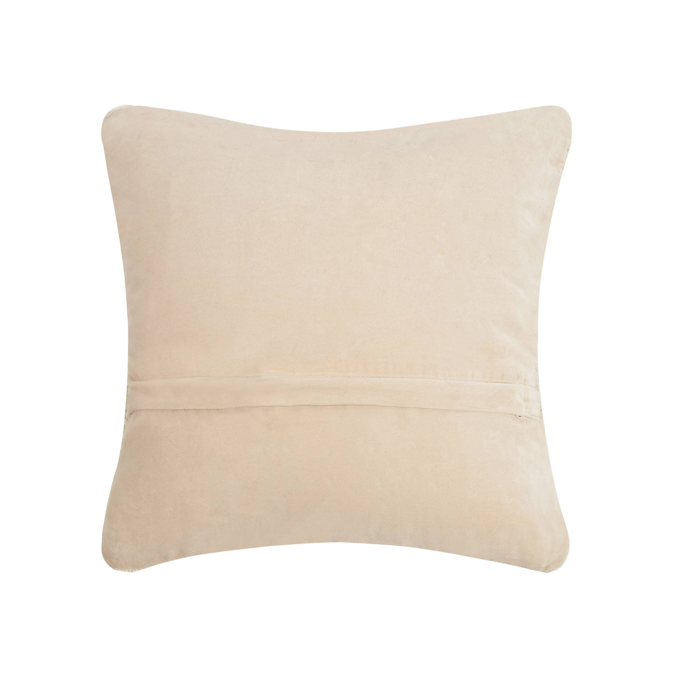 Square ivory hook pillow with multicolor block letters spelling "California" in a vertical layout.