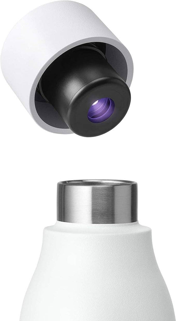 LARQ white water bottle with UV-C LED cap active, floating on a white background.