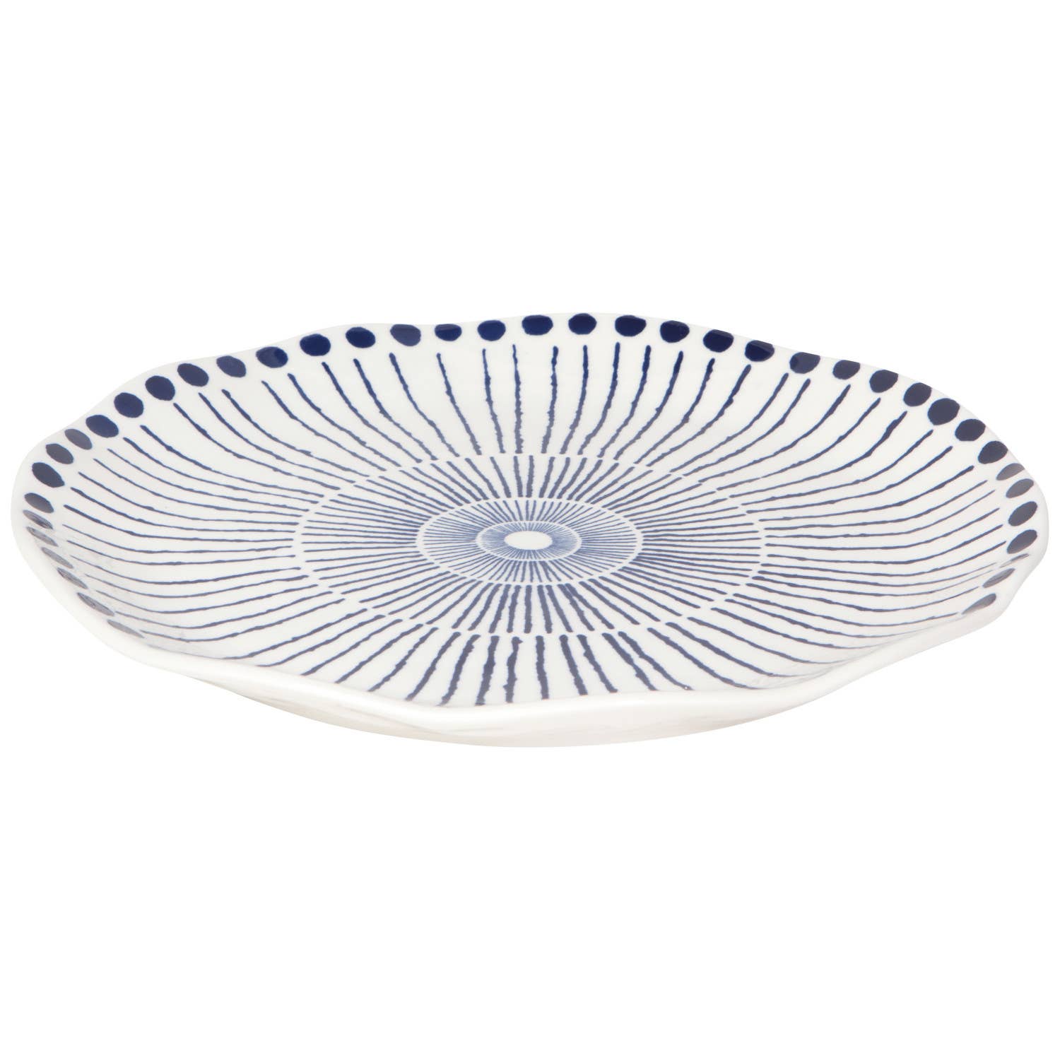 Sprout Stamped Plate with intricate blue radial patterns and an organic shape, ideal for serving and display.