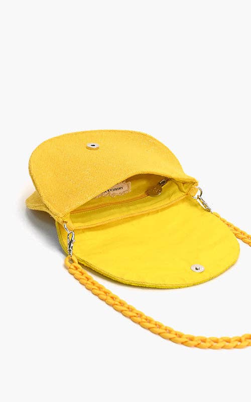 Yellow lemon slice-shaped bag with beaded detailing and a matching twisted rope shoulder strap.
