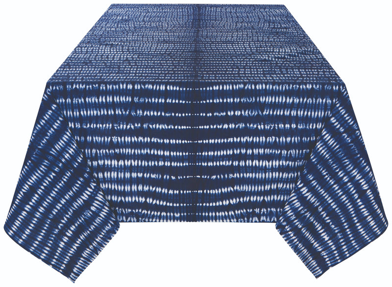 Tidal Tie Dye Indigo Tablecloth, 100% cotton with vibrant tie-dye pattern in indigo hues.