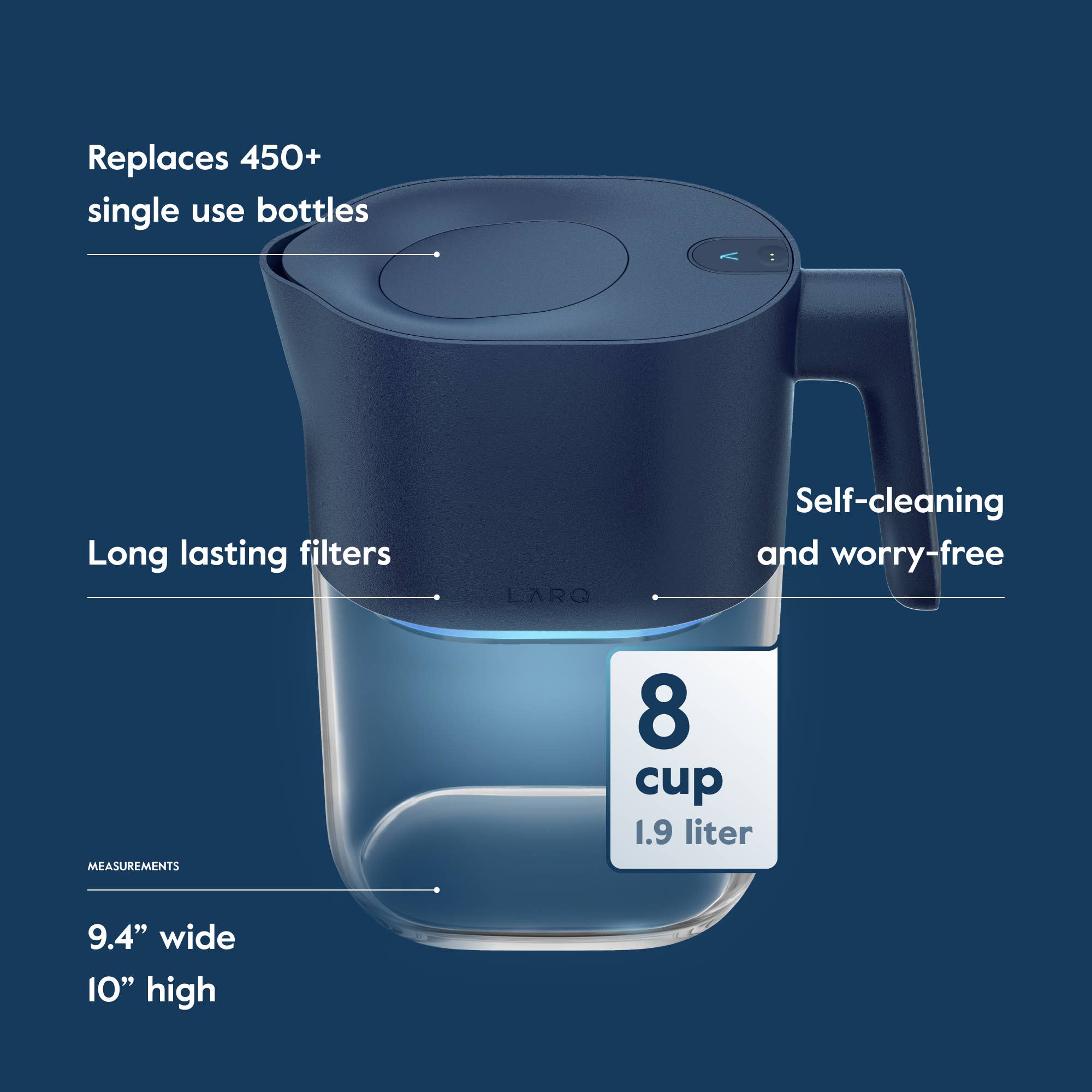LARQ water pitcher in Monaco Blue with PureVis and Nano Zero technology for advanced filtration.