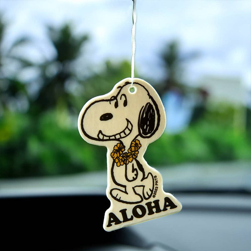 Peanuts® Snoopy Aloha Air Freshener with a coconut scent, featuring Snoopy in a Hawaiian lei and “Aloha” text.