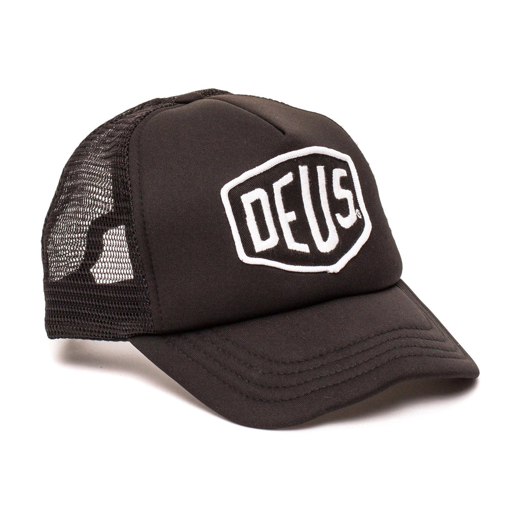Deus ex Machina - Baylands Trucker Hat', showcasing its classic design with embroidered Deus artwork and breathable nylon mesh back.