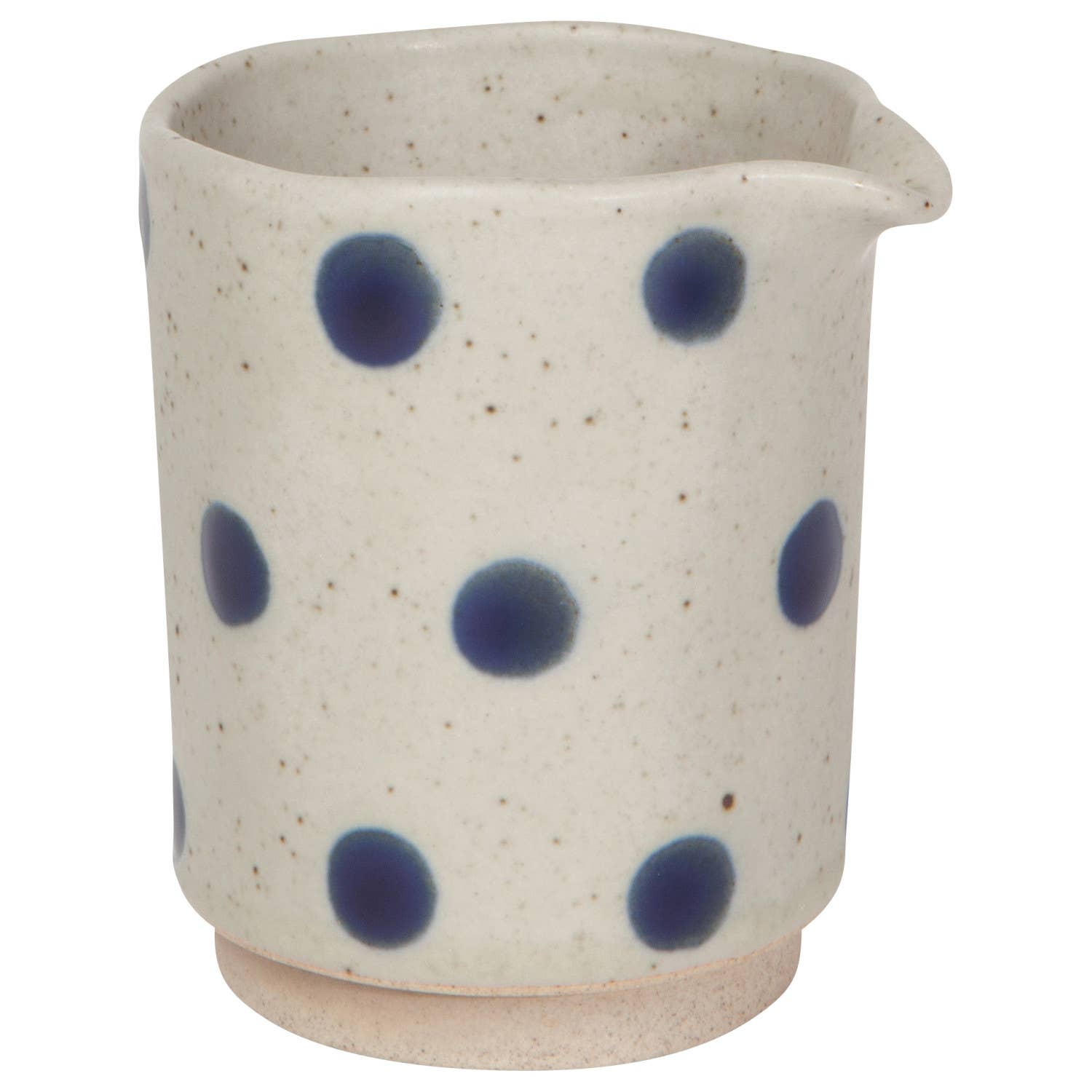 Ceramic cup with blue polka dots on a white background