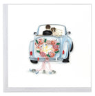 Card with a design of a car filled with flowers and 'Just Married' text on a white background.