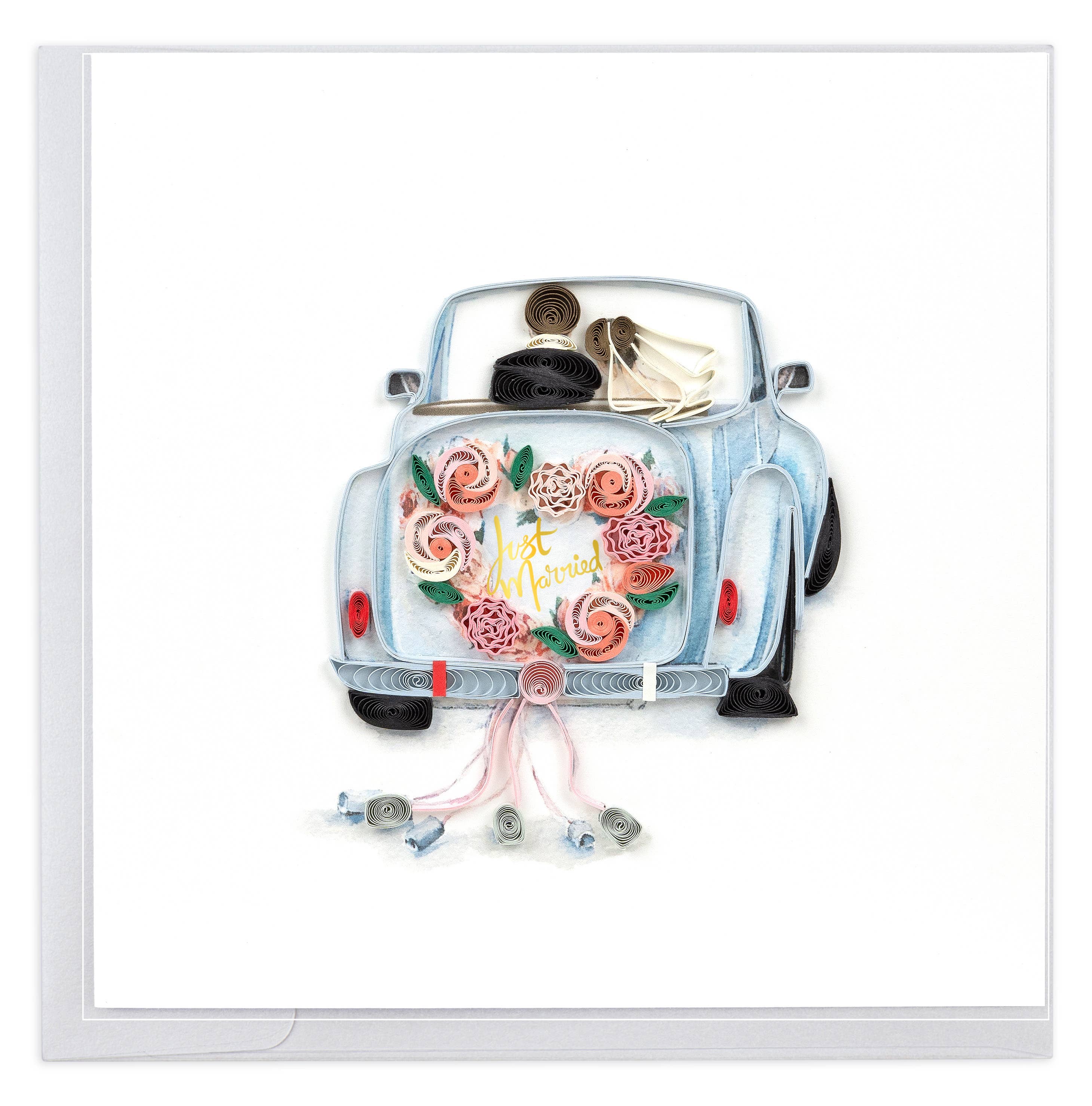 Card with a design of a car filled with flowers and 'Just Married' text on a white background.