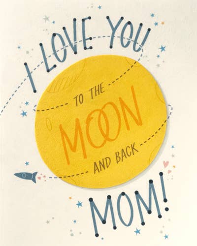 Card with 'I Love You to the Moon and Back Mom!' text on a yellow circle with stars and a fish.