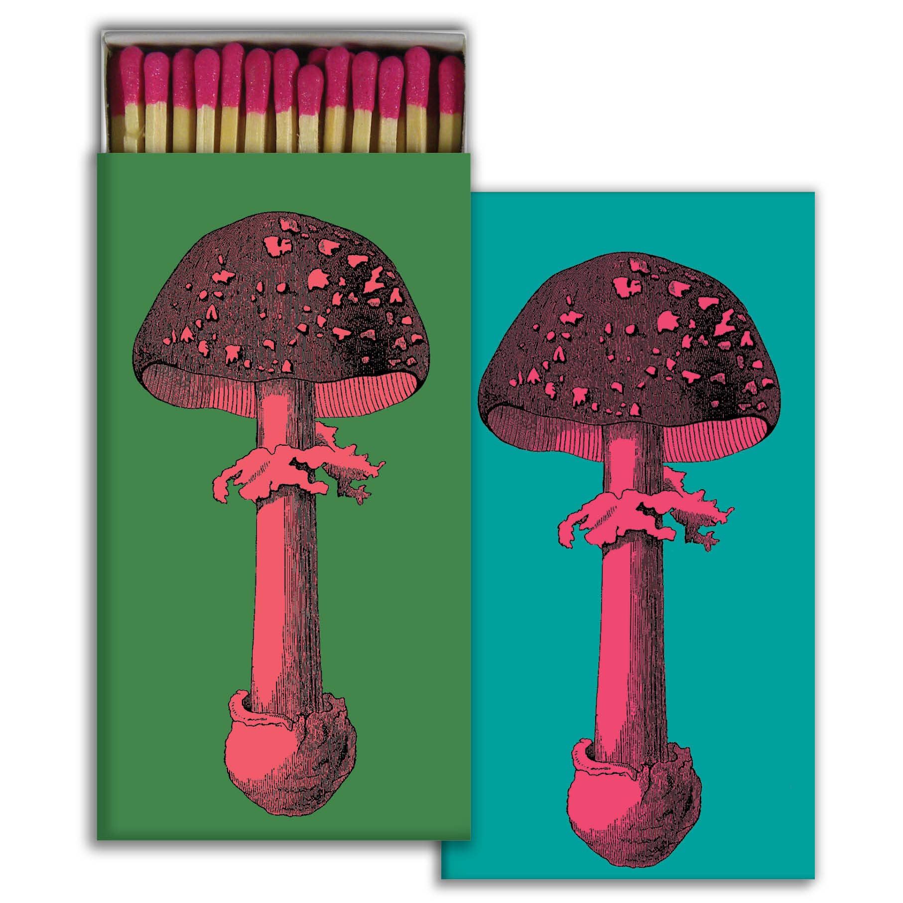 Matchbox featuring a pink and black mushroom illustration on green and teal backgrounds.
