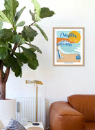 Elegant print illustrating Malibu's pristine beaches, waves, and coastal charm, celebrating its Californian essence.