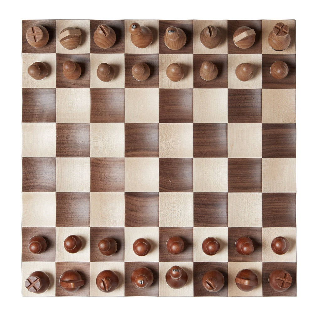 Modern wobble chess set with rounded-bottom wooden pieces and curved maple and walnut board.
