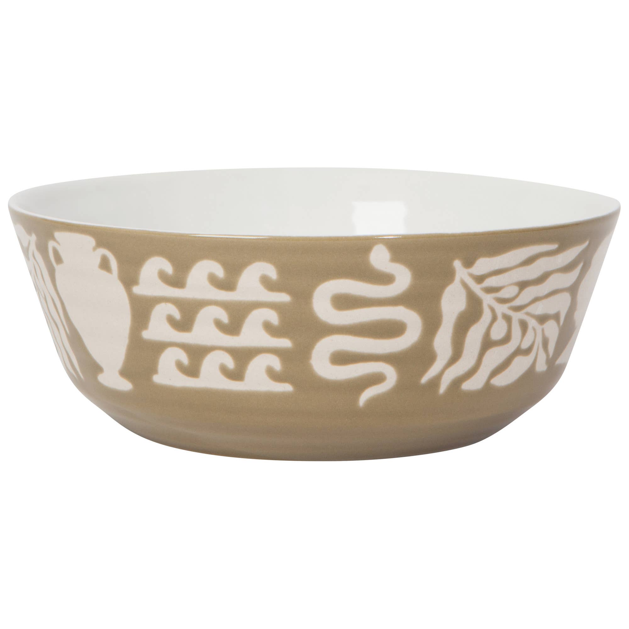 Olympus Imprint Bowl featuring early Greek ceramic motifs in pale designs on an earthy brown surface.
