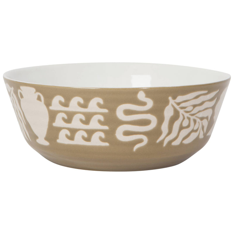 Olympus Imprint Bowl featuring early Greek ceramic motifs in pale designs on an earthy brown surface.