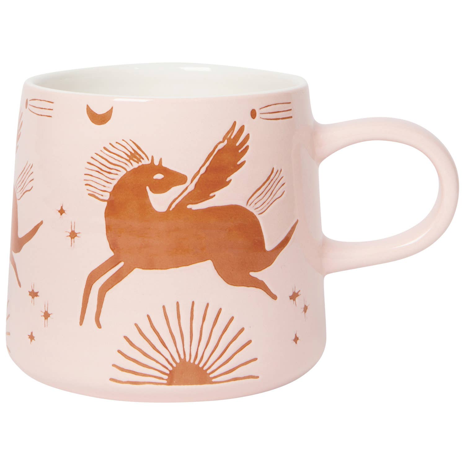 Ceramic Astral Imprint Pegasus Mug featuring a wax-resist Pegasus design with ribbed texture and satin matte glaze.