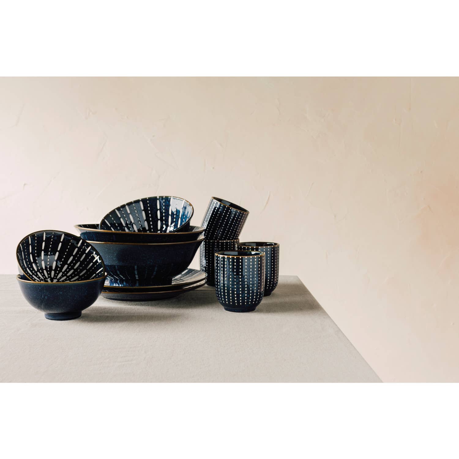 Pulse Cups, porcelain with vibrant blue and white stamped design.