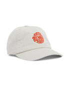 Beige cap with red text on a white background