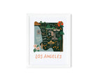 Framed Los Angeles illustrated print featuring landmarks like Hollywood, Venice, Griffith Park, and the Pacific Ocean.