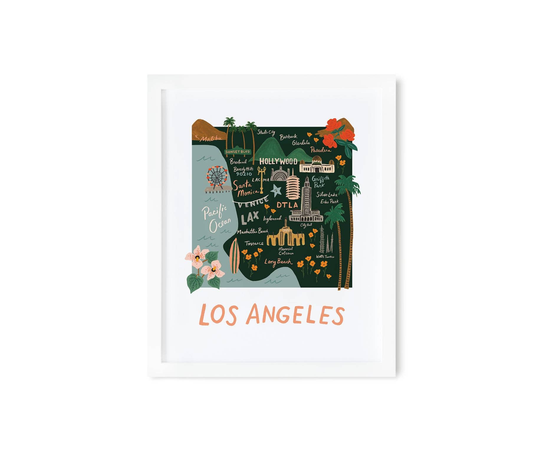 Framed Los Angeles illustrated print featuring landmarks like Hollywood, Venice, Griffith Park, and the Pacific Ocean.