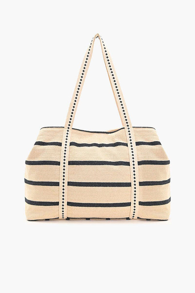 Beaded tote bag with sunset, palm tree, and ocean design, featuring black stripes, colorful pom-pom trim, and long handles.