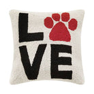 Square hook pillow with the word "LOVE" and a red paw print in place of the letter “O.”