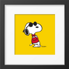 Framed artwork of Snoopy wearing sunglasses and a red sweater, set against a bright yellow background with a black frame.