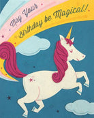 Unicorn with pink mane and tail on a blue background with rainbow and cloud, text 'May your Birthday be Magical'.