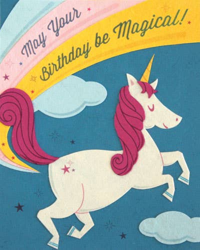 Unicorn with pink mane and tail on a blue background with rainbow and cloud, text 'May your Birthday be Magical'.