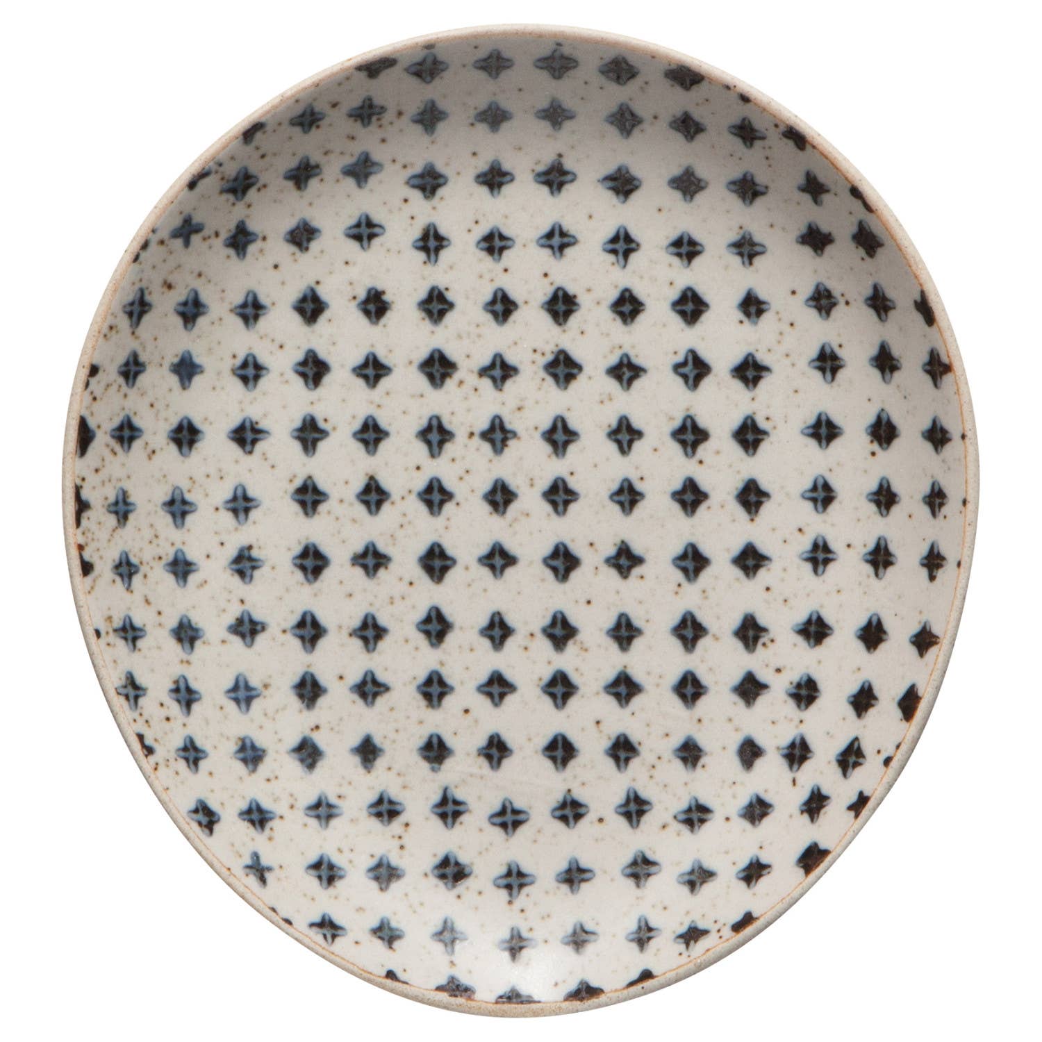 Ceramic spoon rest with a blue and black geometric pattern on a speckled cream background.