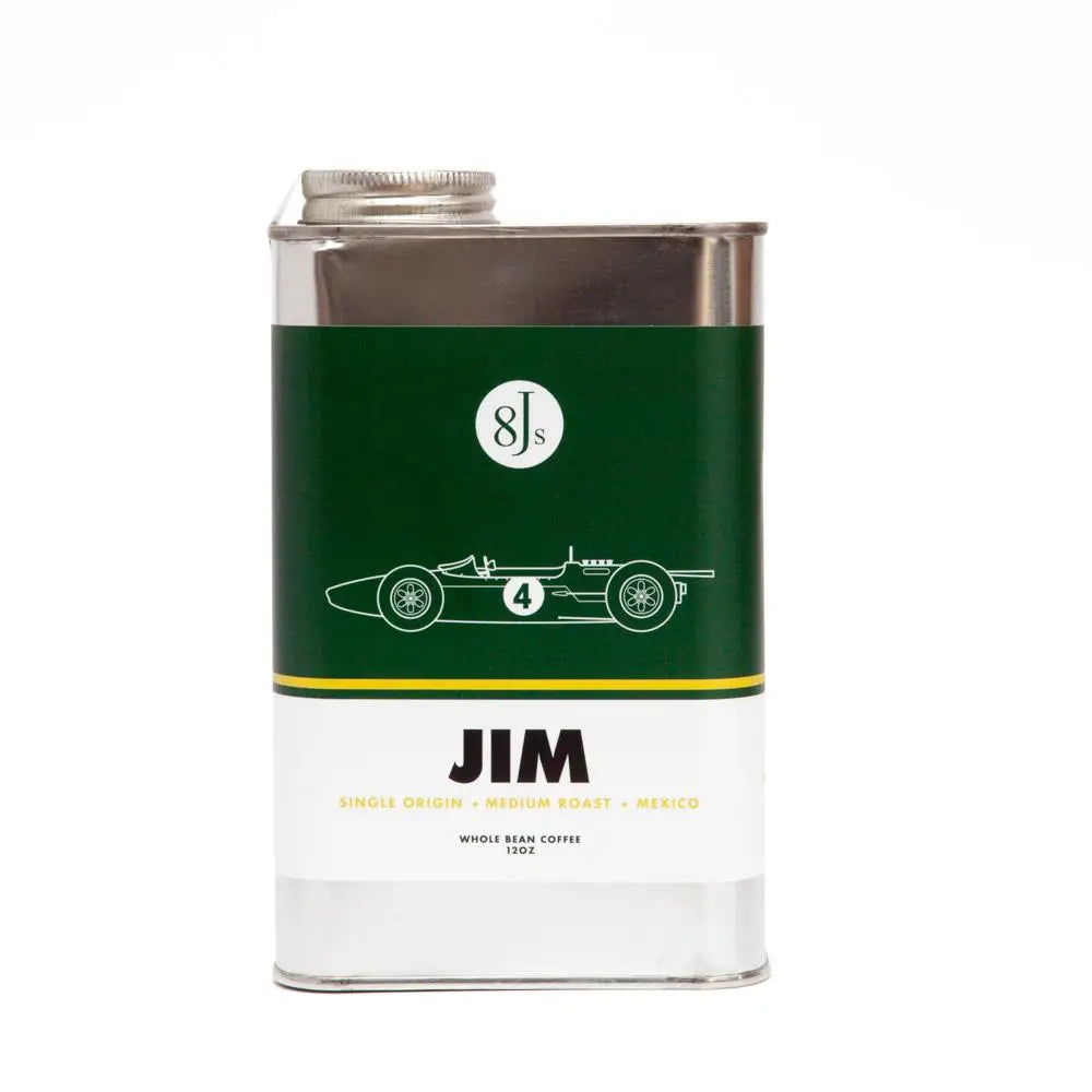 Bag of 8Js Jim - Medium Roast, Single Origin Mexican Coffee Beans, commemorating Jim Clark's 1963 racing victory.