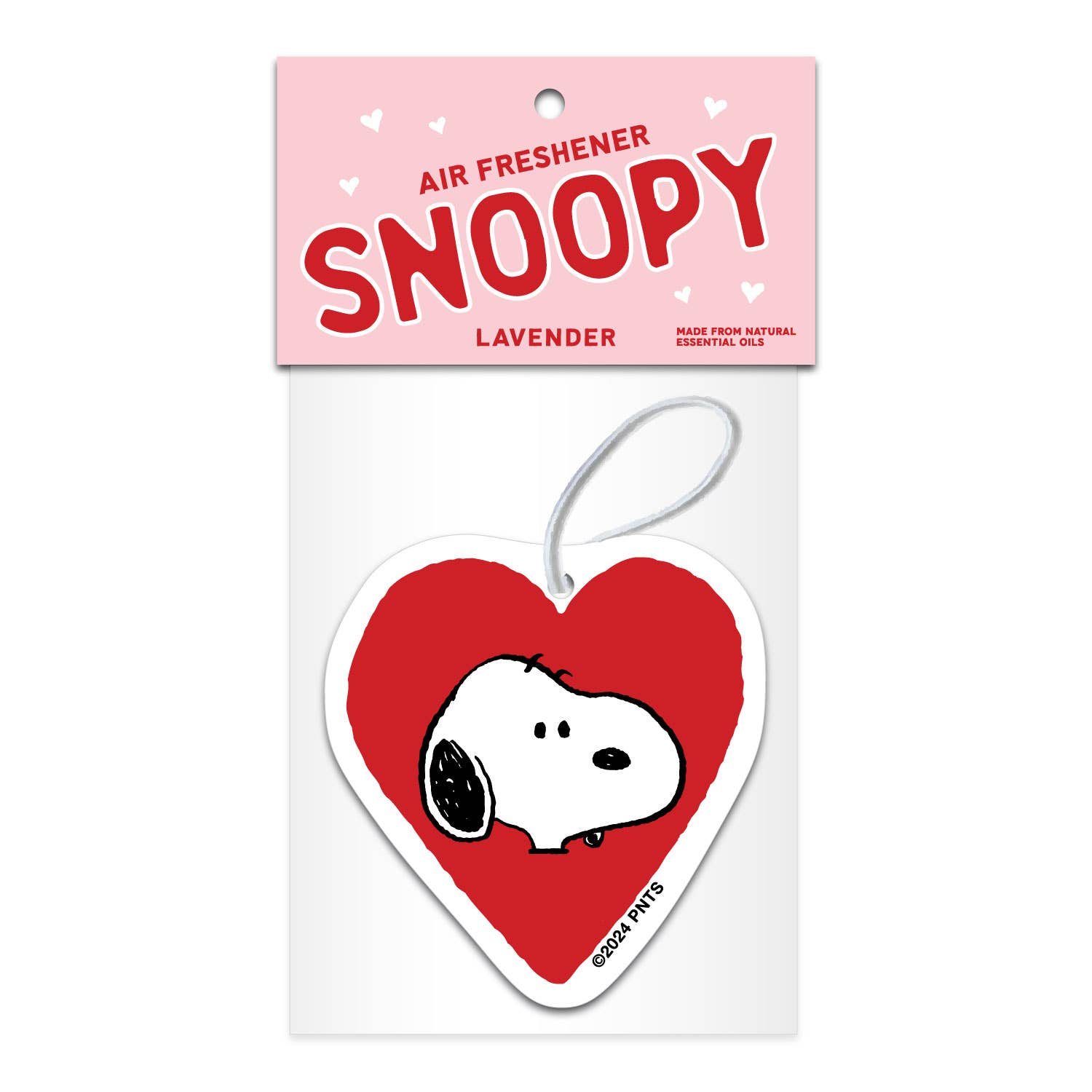 Peanuts® Valentine heart-shaped air freshener featuring Snoopy’s face in a red heart, infused with lavender scent, packaged with a pink and white card.