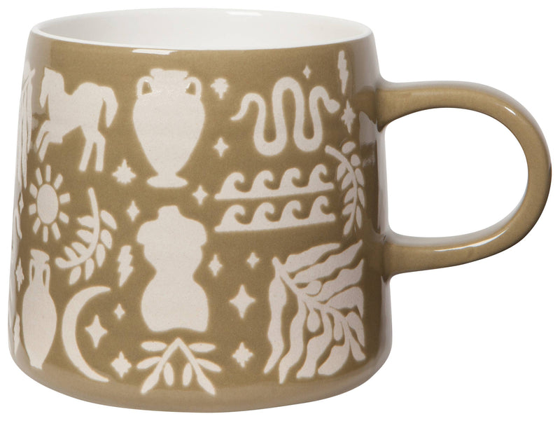 Olympus Imprint Mug featuring pale esoteric imagery on an earthy brown ceramic surface, crafted with a wax-resist method.