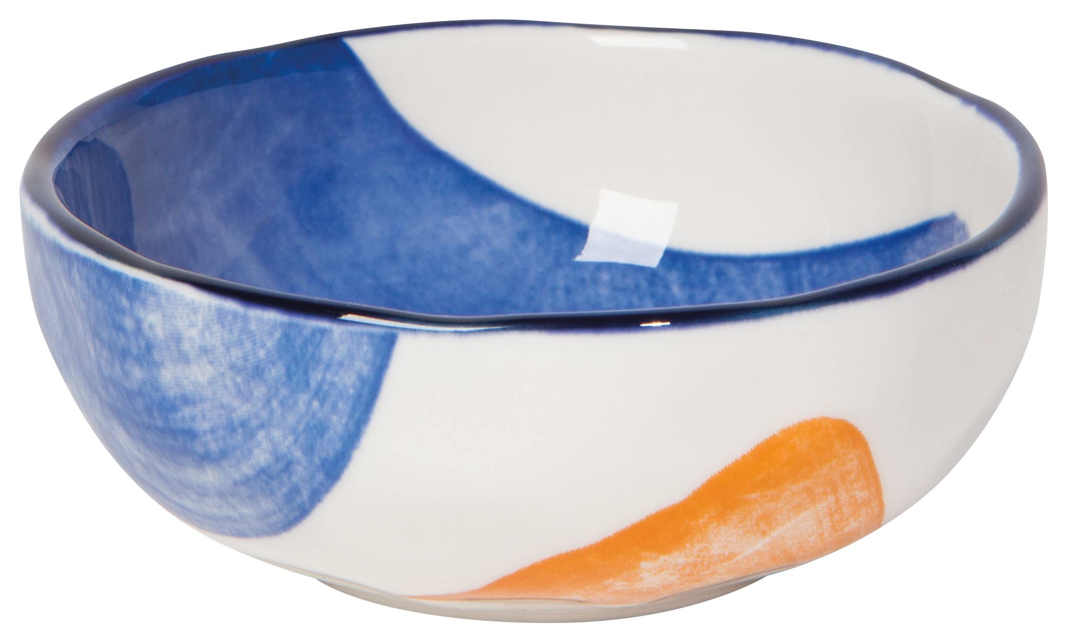 Canvas Pinch Bowls with abstract mustard yellow, navy blue, and light blue patterns.