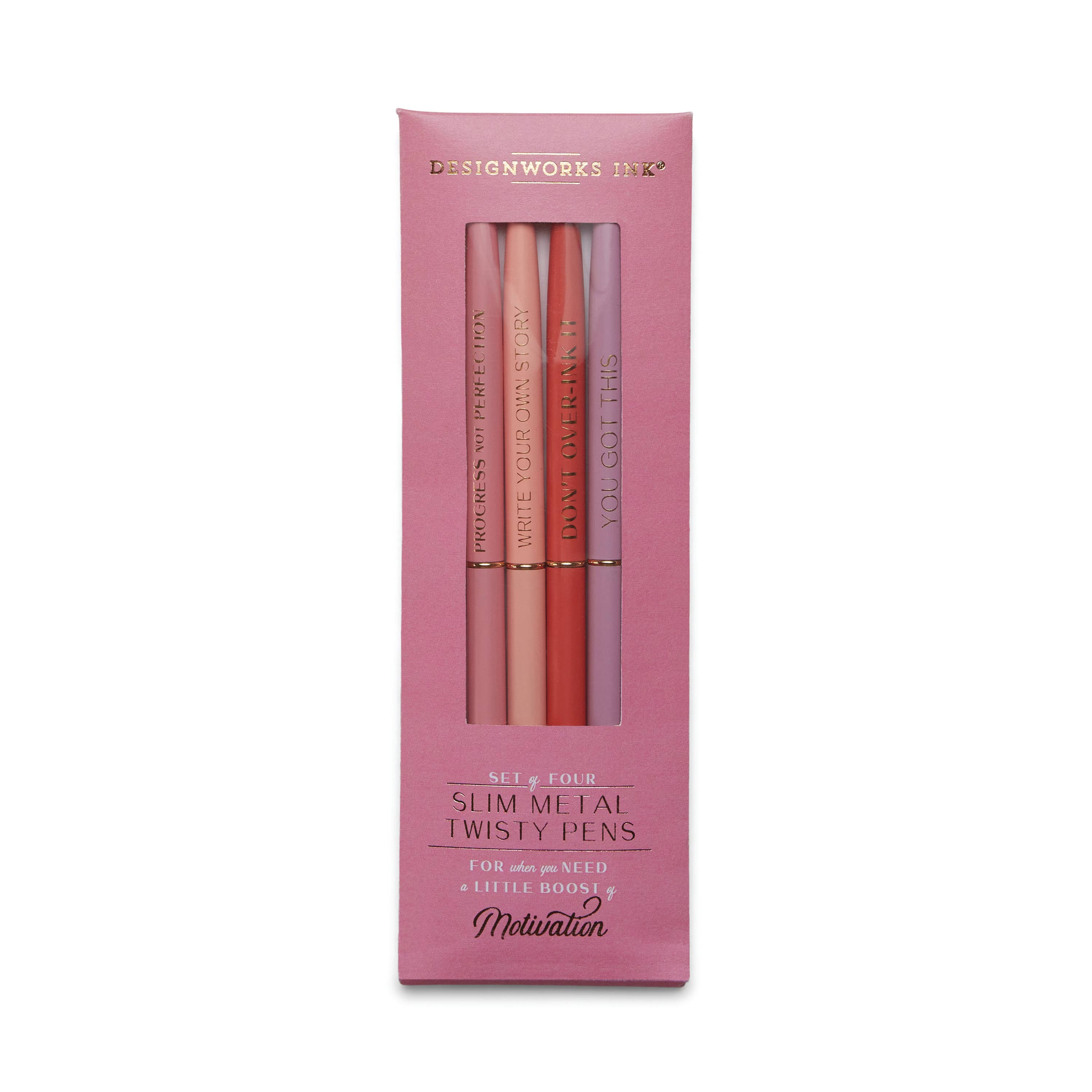 A set of four slim metal twist pens with gold foil phrases on each, packaged in a pink box.