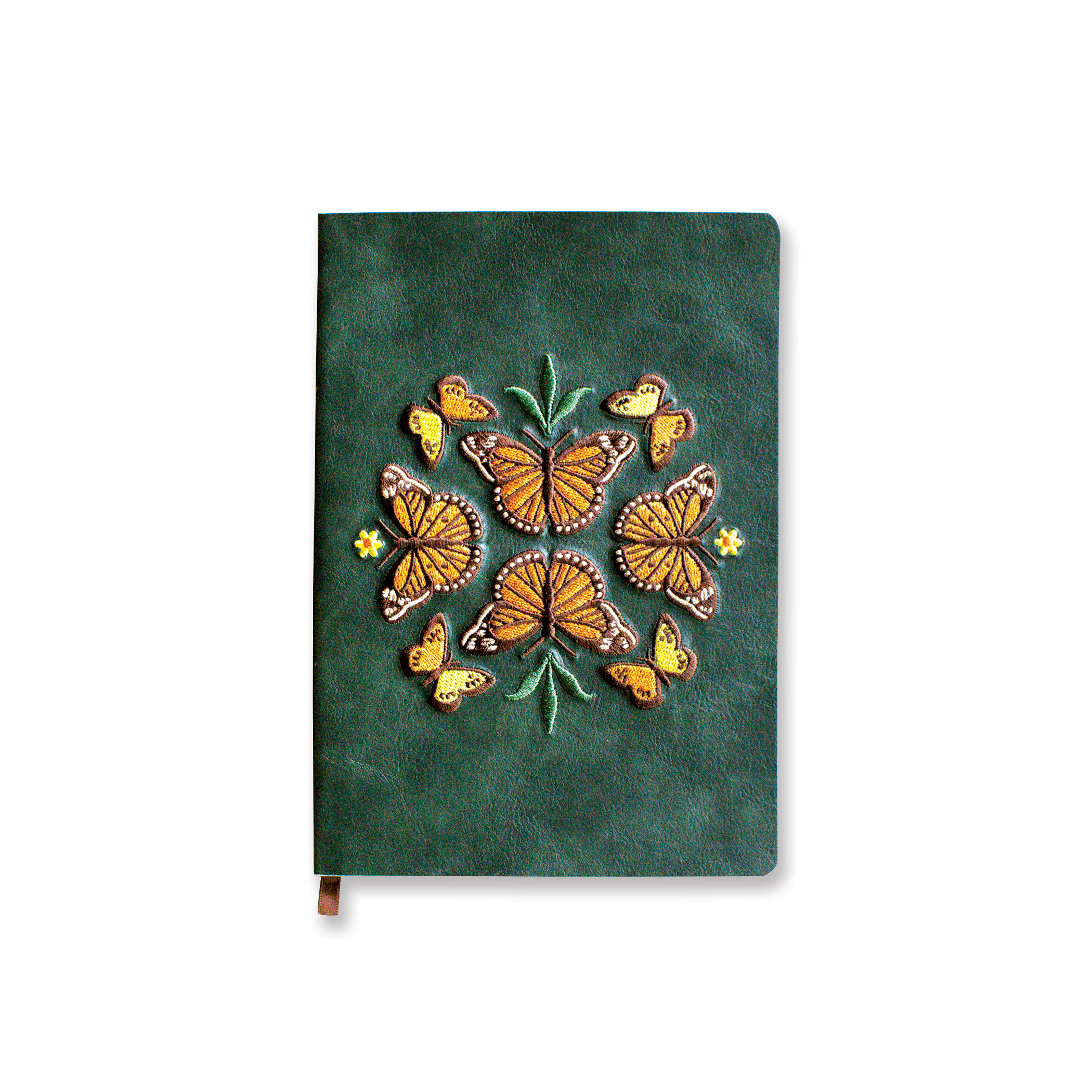 Green notebook with embroidered monarch butterfly design.