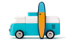 Toy truck with a surfboard on a white background