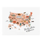 Framed illustrated United States map print featuring iconic landmarks and regional symbols in a modern, artistic style.