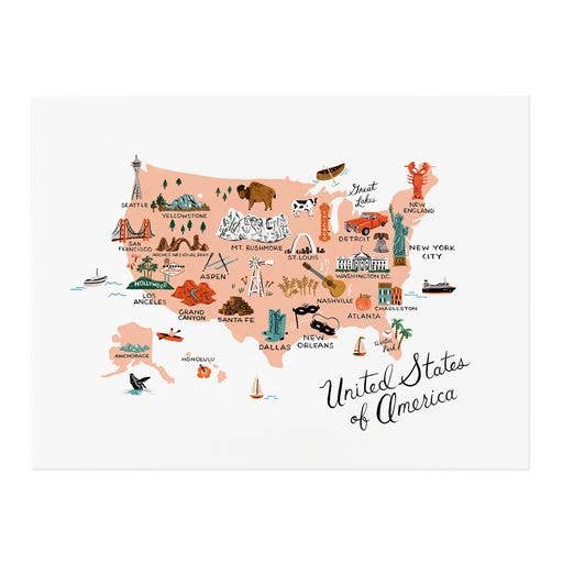 Framed illustrated United States map print featuring iconic landmarks and regional symbols in a modern, artistic style.