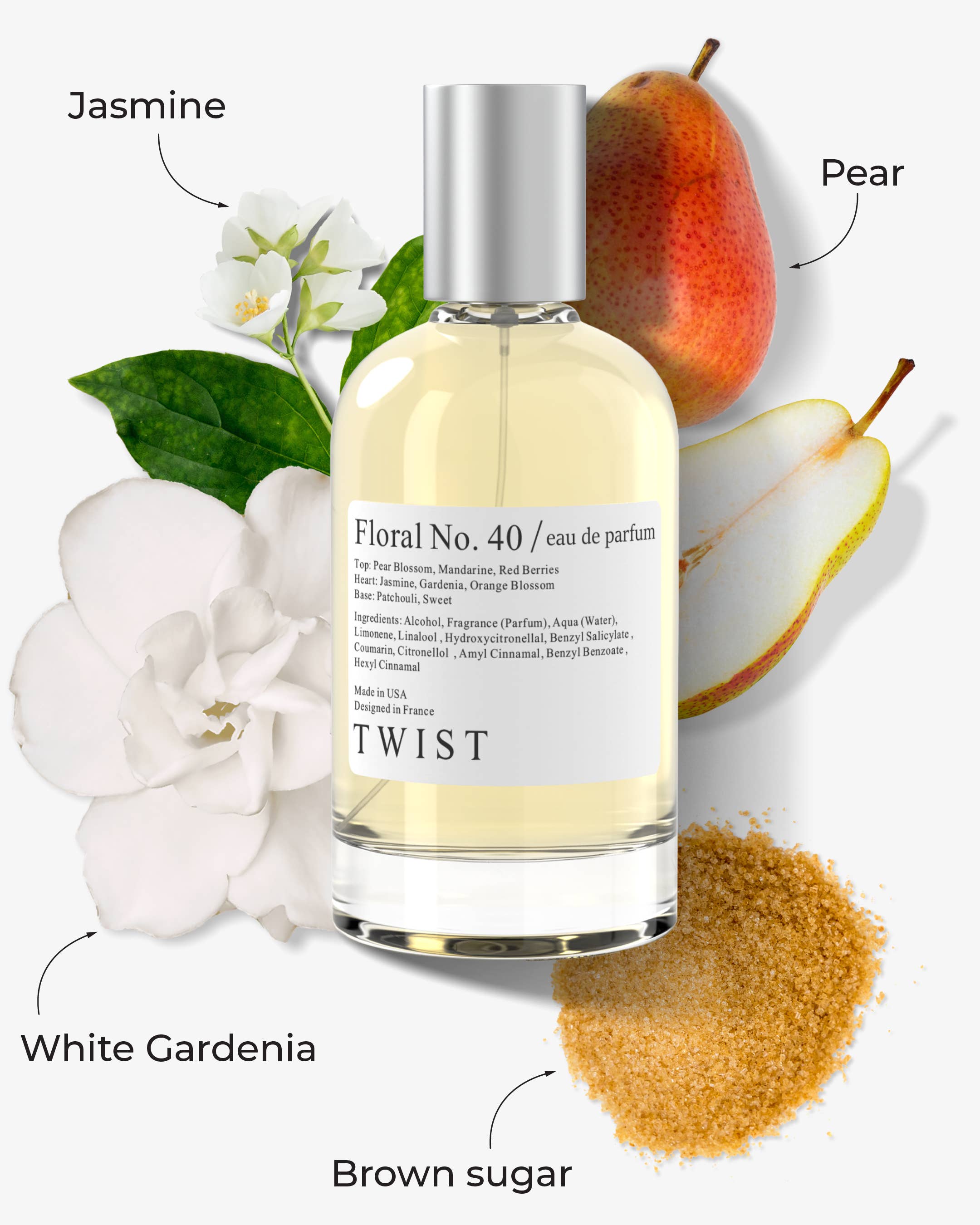 Bottle of Floral No. 40 Eau De Parfum, featuring notes of gardenia, fruity accents, brown sugar, and patchouli.
