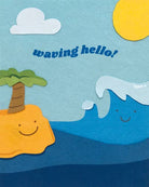 Cartoon island with a palm tree, wave, and cloud with 'waving hello!' text on a blue background.