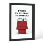 Framed print featuring a sleepy beagle on a red doghouse with the quote "I think I’m allergic to morning!" in bold text.
