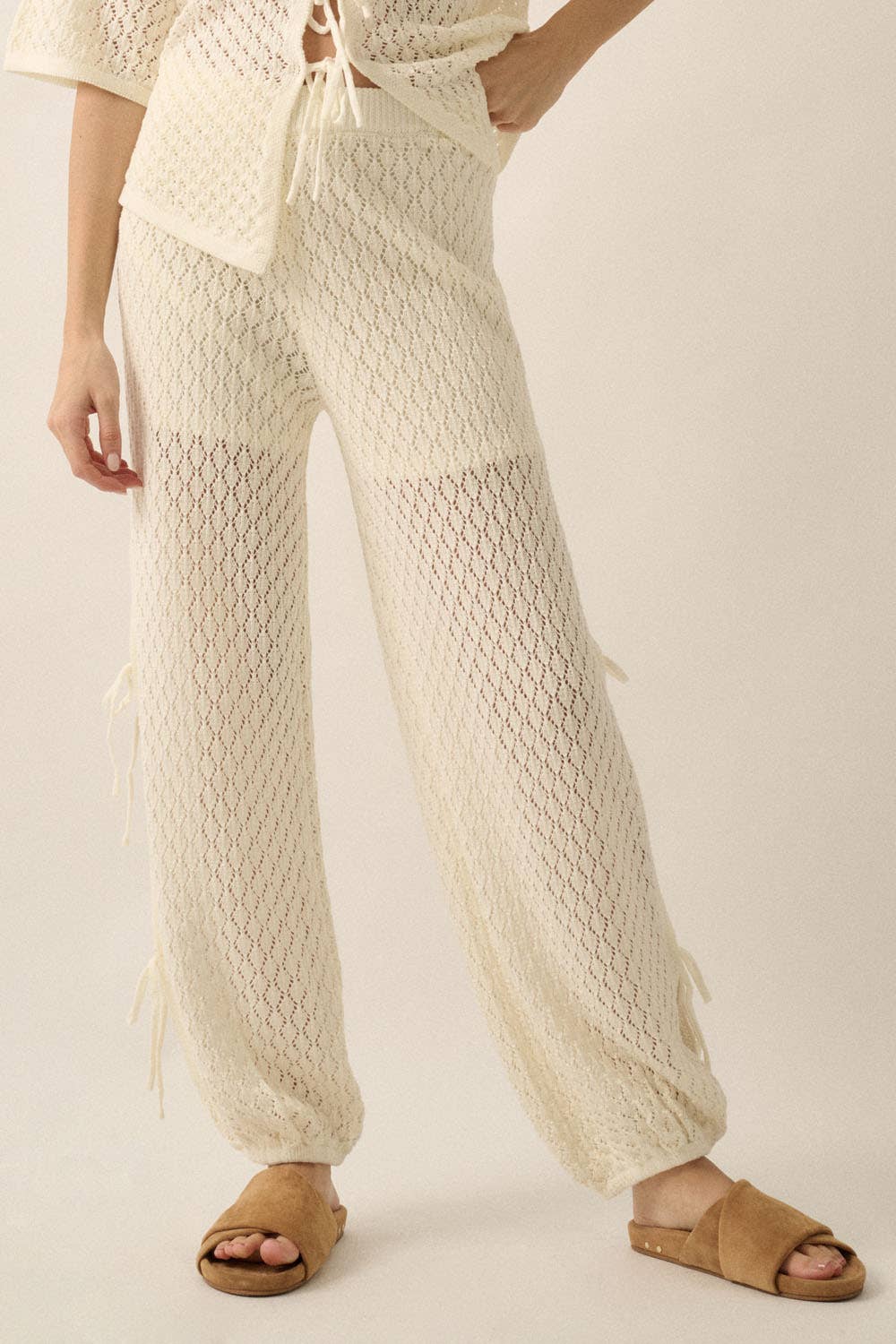 Pointelle Crochet-Knit Side-Tie Pants
