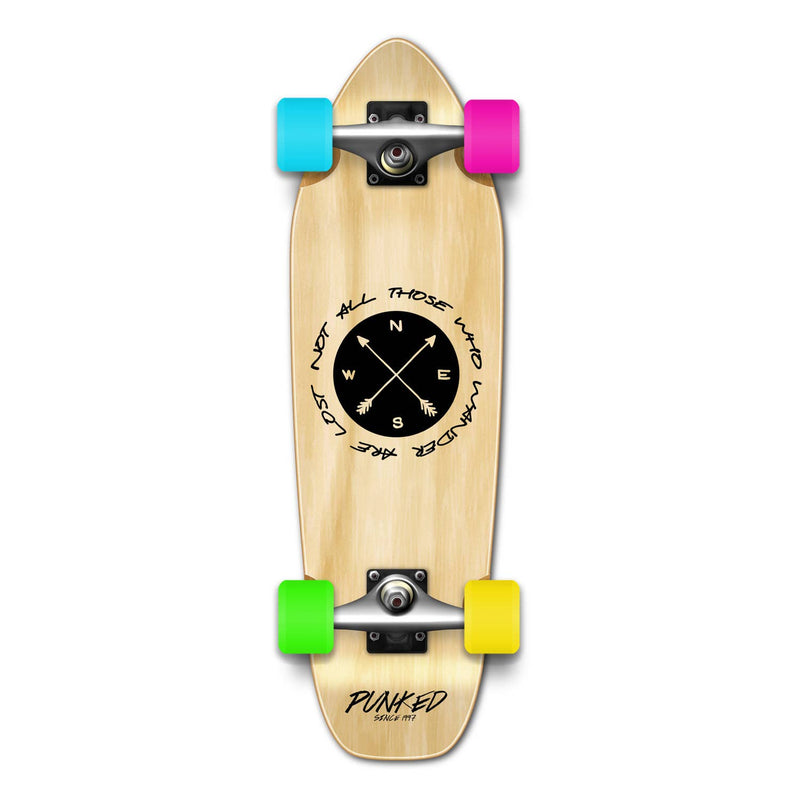 Wander Natural Mini Cruiser with a natural wood finish, compass graphic, and colorful wheels.