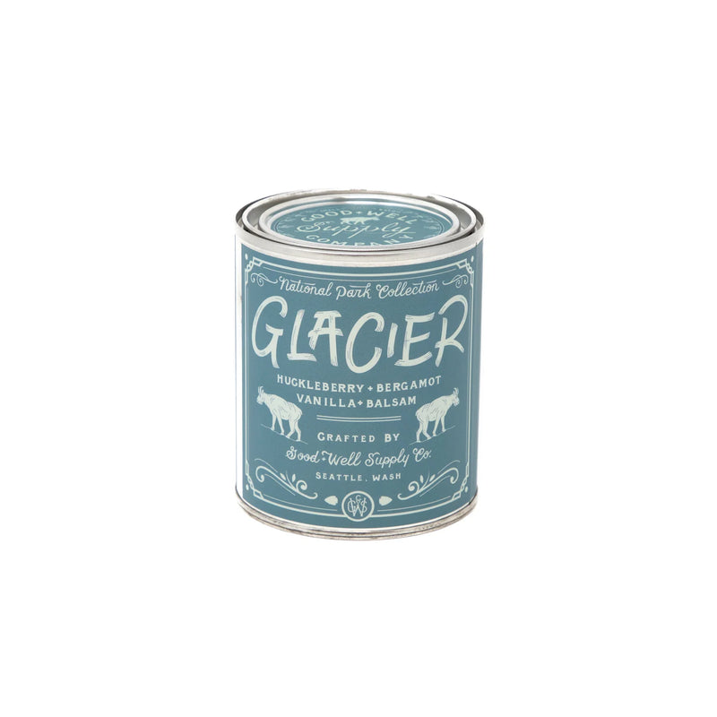 Handcrafted all-natural soy Glacier National Park Candle with the scent of fresh pine, cedarwood, and wild berries.