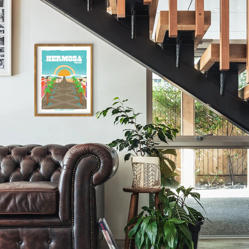 Picturesque print of Hermosa Beach's tranquil shoreline and iconic pier, echoing Southern California's beach charm.