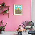 Picturesque print of Hermosa Beach's tranquil shoreline and iconic pier, echoing Southern California's beach charm.