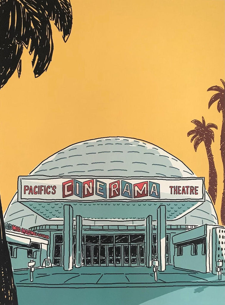 Pacific's Cinerama Theatre Illustration Print: Artistic depiction of the iconic theatre, capturing its vintage charm and grandeur, evoking the golden age of cinema.